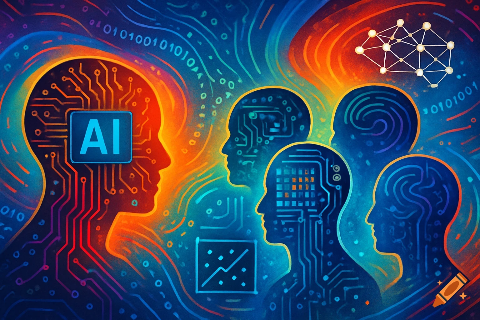 Vibrant digital illustration of multiple human head silhouettes filled with circuit patterns, binary code, and an 'AI' label, representing artificial intelligence.