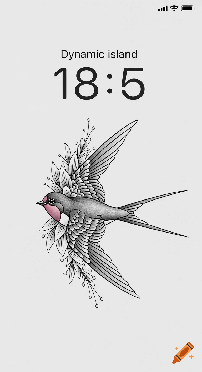 Minimalist phone lock screen with a black and white tattoo-style swallow, pink accents, foliage, and digital clock.