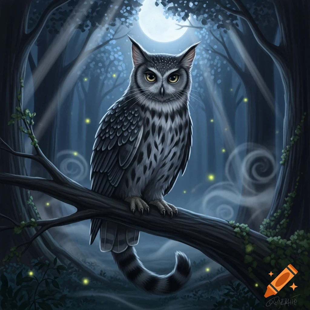 A stylized illustration of a cat-owl creature perched on a branch in a mystical moonlit forest.