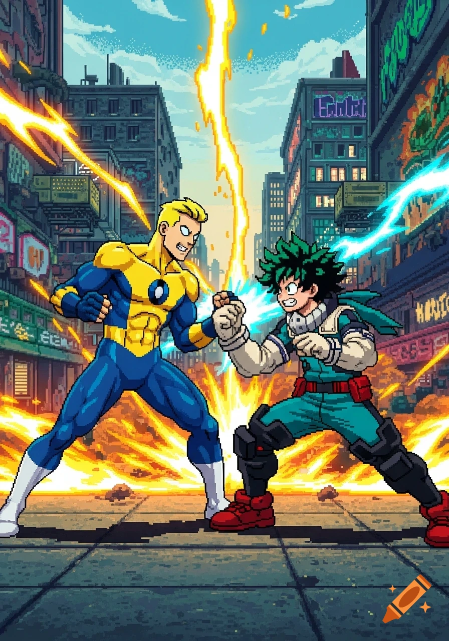 Invincible and Deku from My Hero Academia clash in a vibrant 16-bit pixel art style, reminiscent of a fighting game.