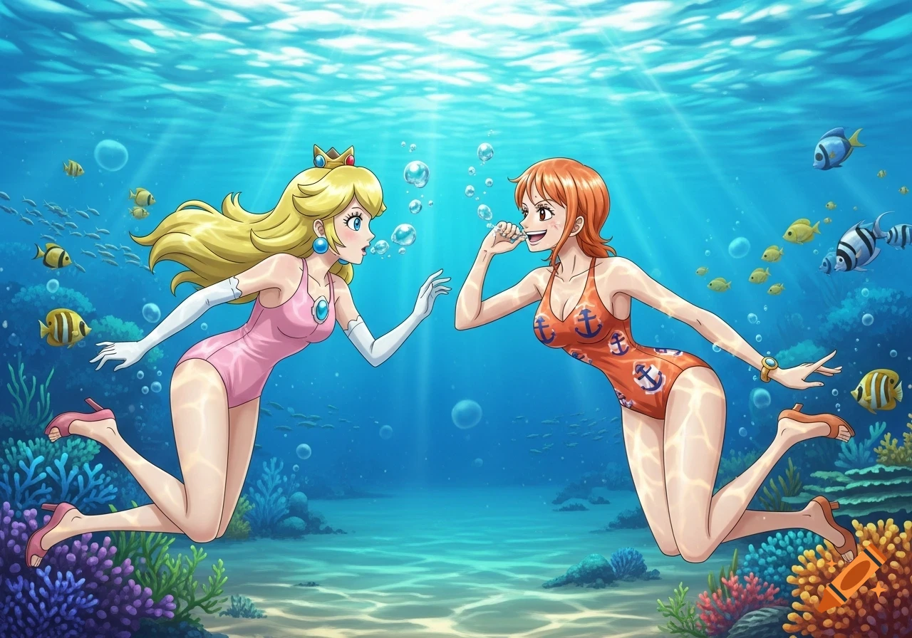 Princess Peach and Nami from One Piece in swimwear swim underwater amidst coral and fish in an anime illustration.