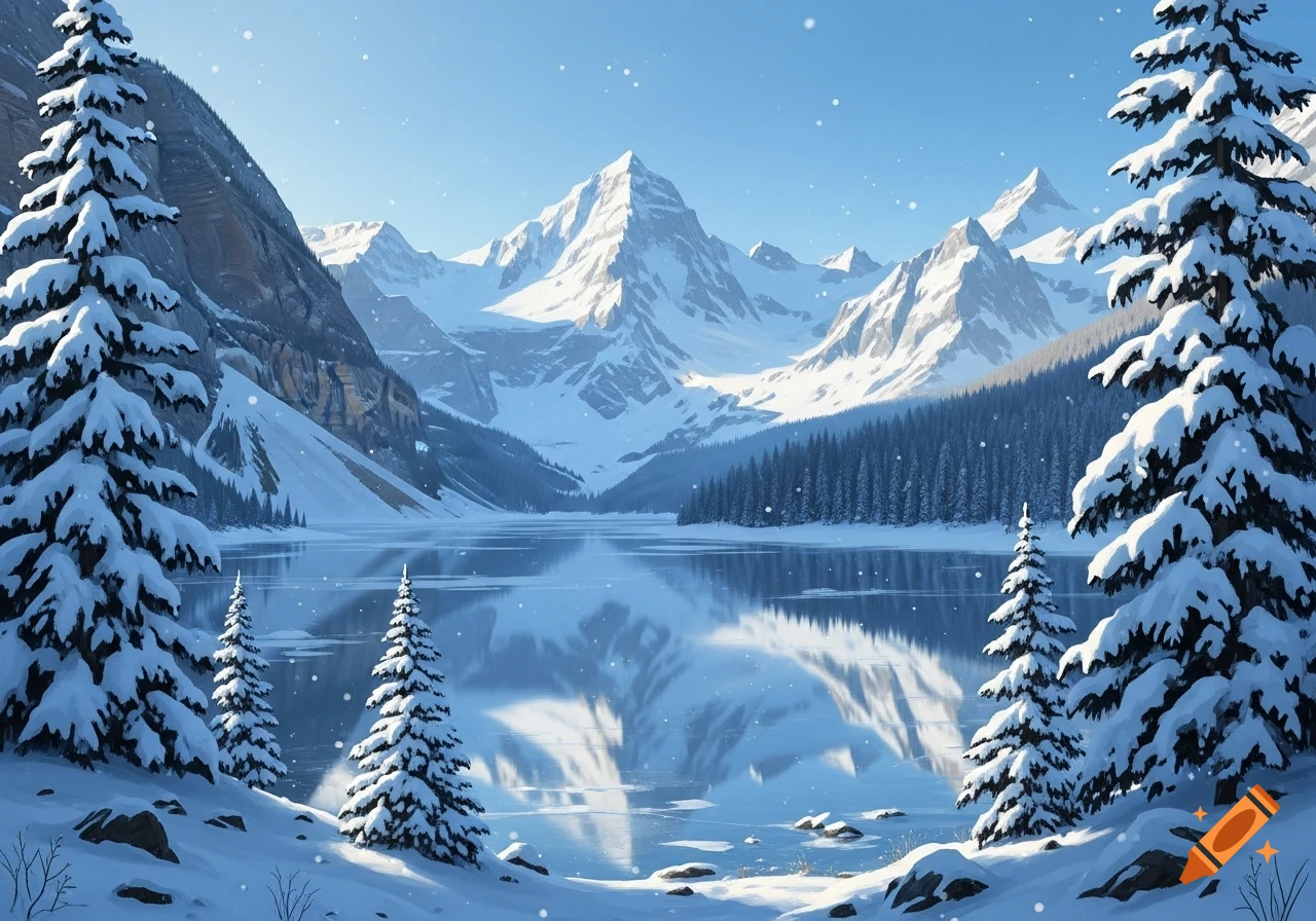 A serene winter landscape with snow-covered mountains reflecting in a ...