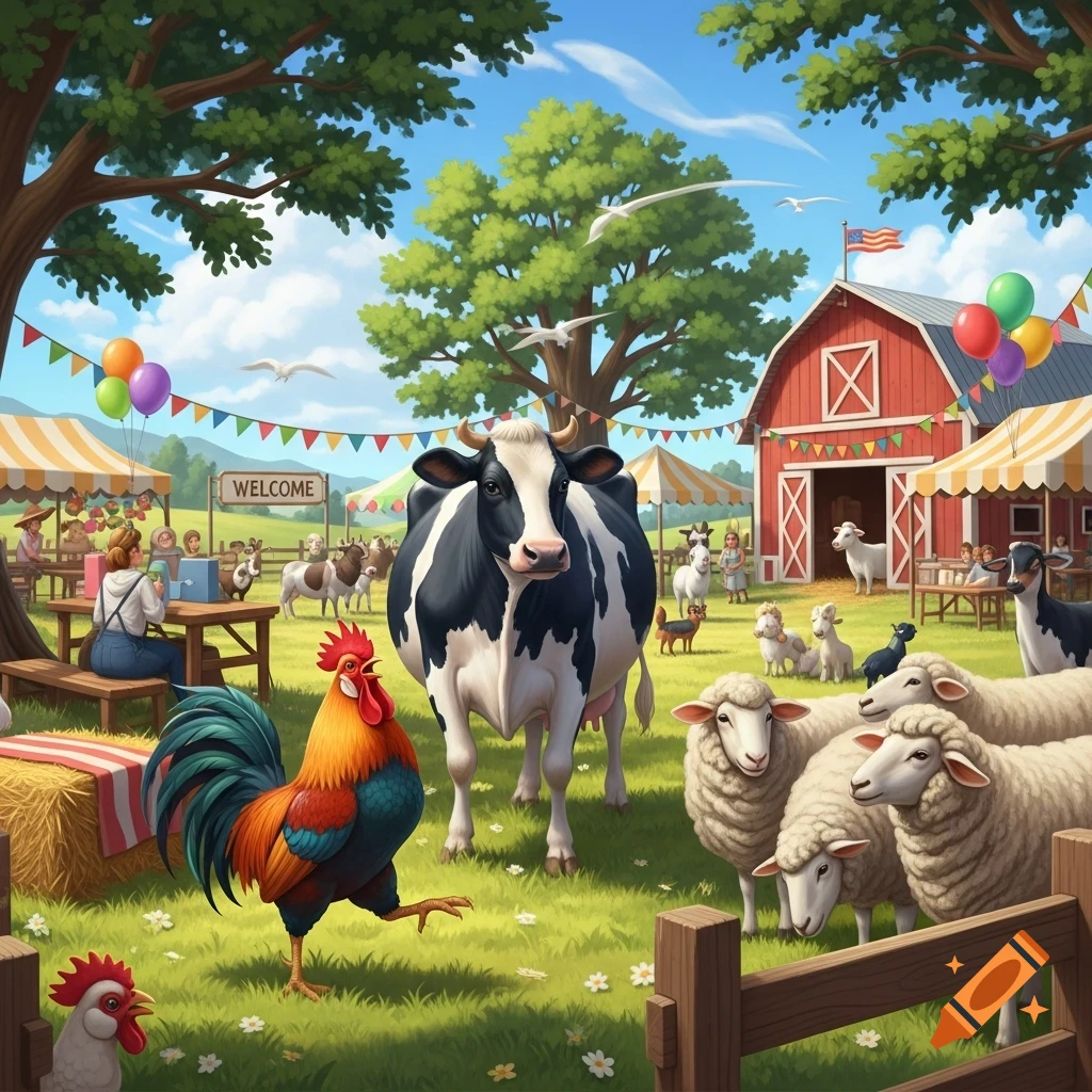 A colorful illustration of a lively farm fair with a cow, rooster, and sheep, alongside people and tents, under a bright blue sky.