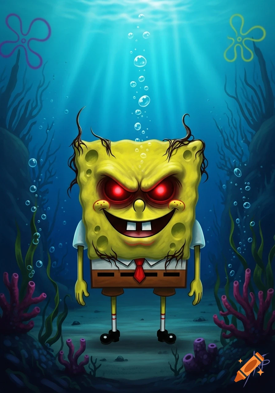 Evil SpongeBob with glowing red eyes and a sinister smile, standing underwater with coral and bubbles.