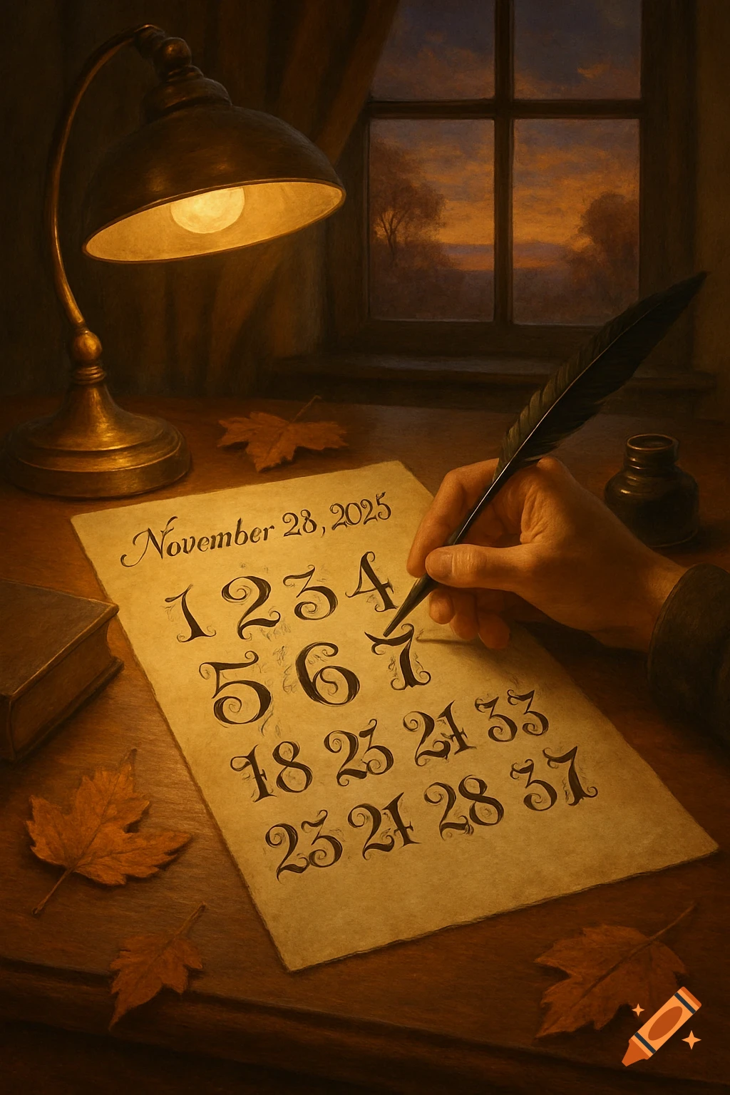 A hand writes on a piece of paper with a quill pen at a desk lit by a lamp, with a window showing a sunset in the background.