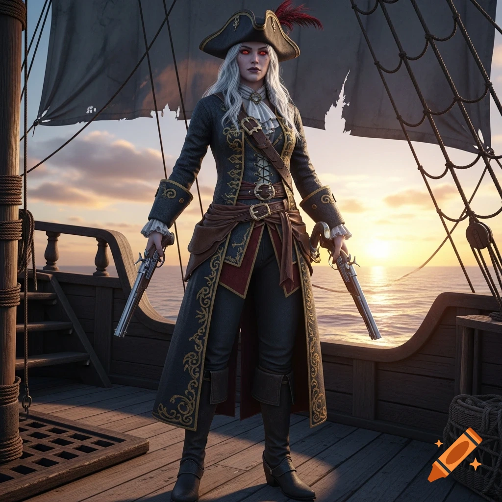 A pale-skinned female pirate with silver hair and red eyes stands on a ship deck at sunset, holding two flintlock pistols.