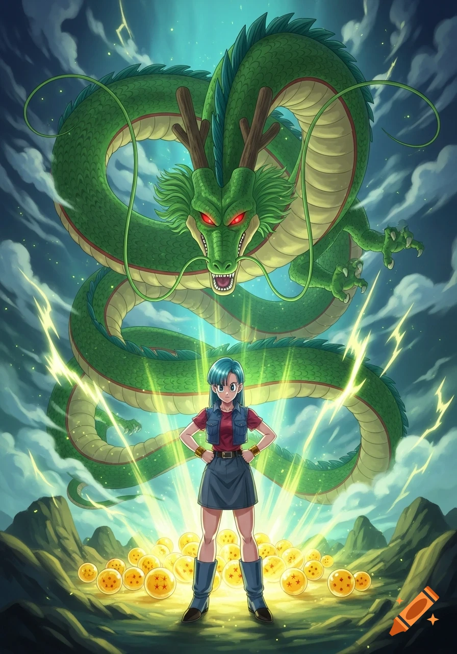 Bulma from Dragon Ball stands with hands on hips, a giant green Shenron dragon behind her, surrounded by glowing Dragon Balls in a vibrant anime scene.