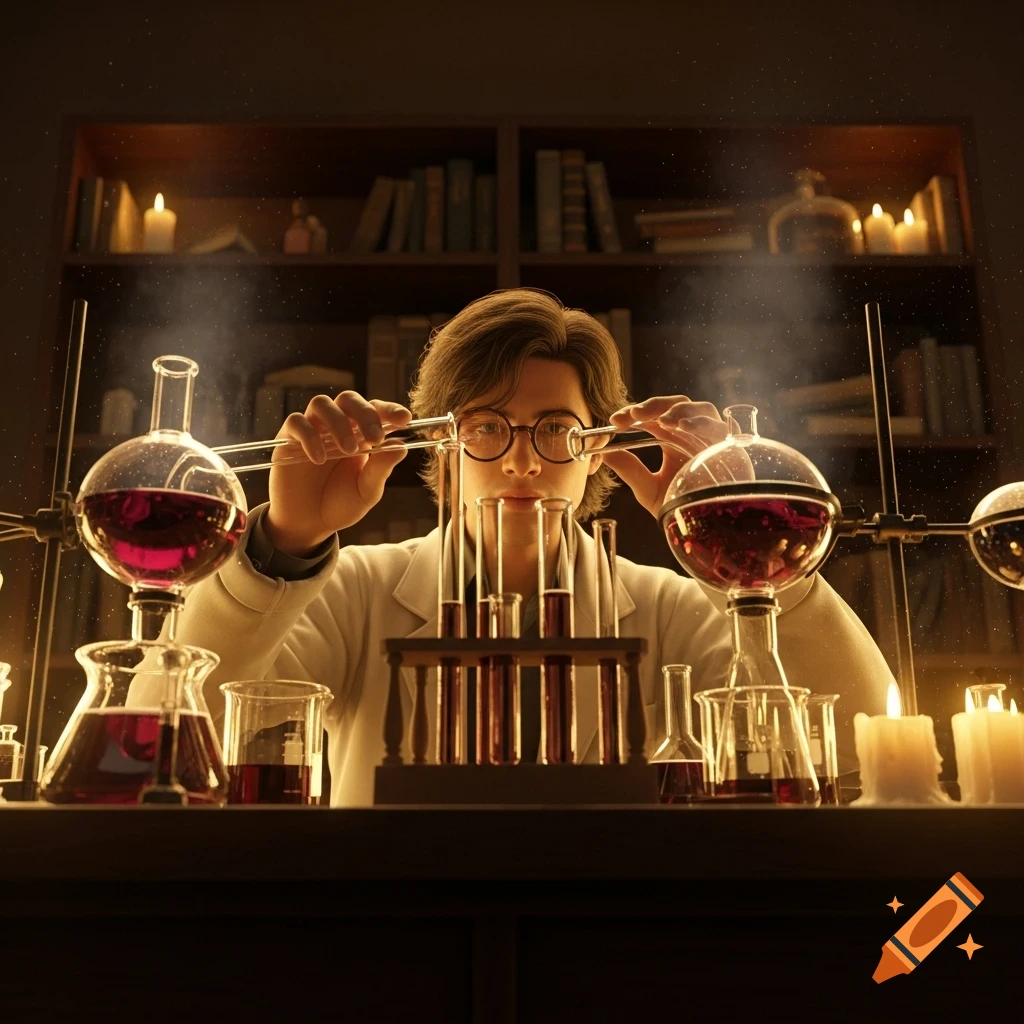 A young chemist in glasses conducts an experiment in a dimly lit, cozy laboratory, surrounded by glowing flasks and test tubes with red liquid.