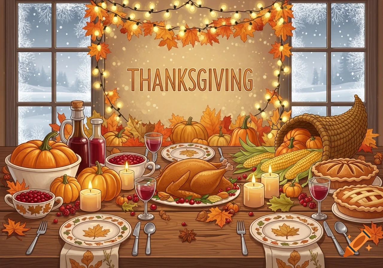 Illustrated Thanksgiving dinner table with a roasted turkey, pies, pumpkins, and a snowy window background.