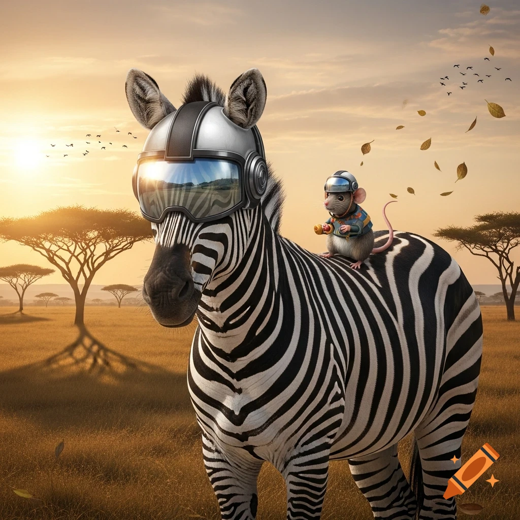A zebra wearing a metallic helmet with reflective goggles stands in a savanna at sunset, with a small mouse wearing a helmet riding on its back.