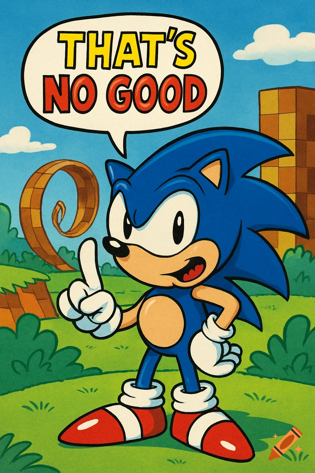 A cartoon Sonic the Hedgehog stands with a raised finger, looking concerned, in a grassy landscape with a loop and block structure. A speech bubble above him says "THAT'S NO GOOD".