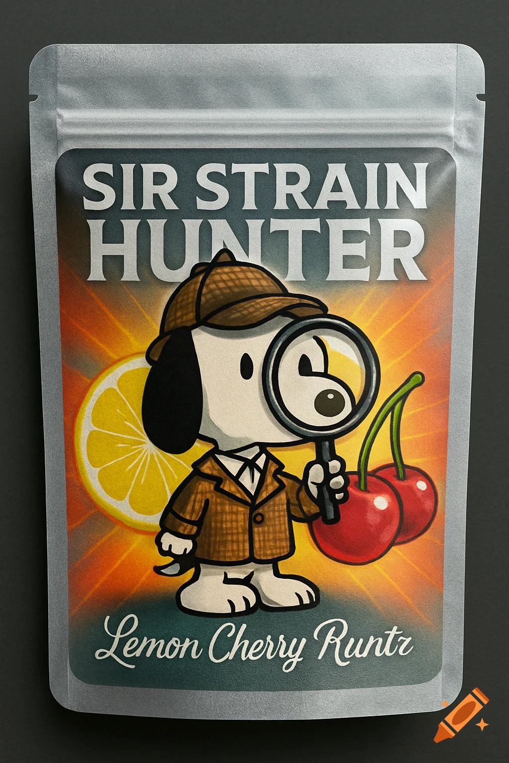 A cartoon Snoopy-like dog detective on a mylar bag for 'SIR STRAIN HUNTER Lemon Cherry Runtz', with a lemon slice and cherries.