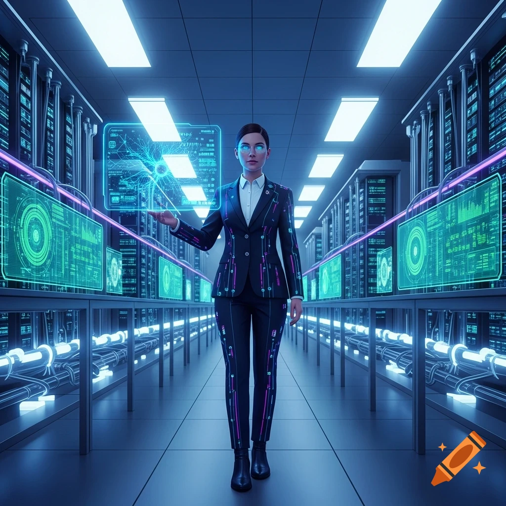 A woman in a futuristic suit with circuit patterns stands in a brightly lit data center, interacting with holographic screens displaying data.