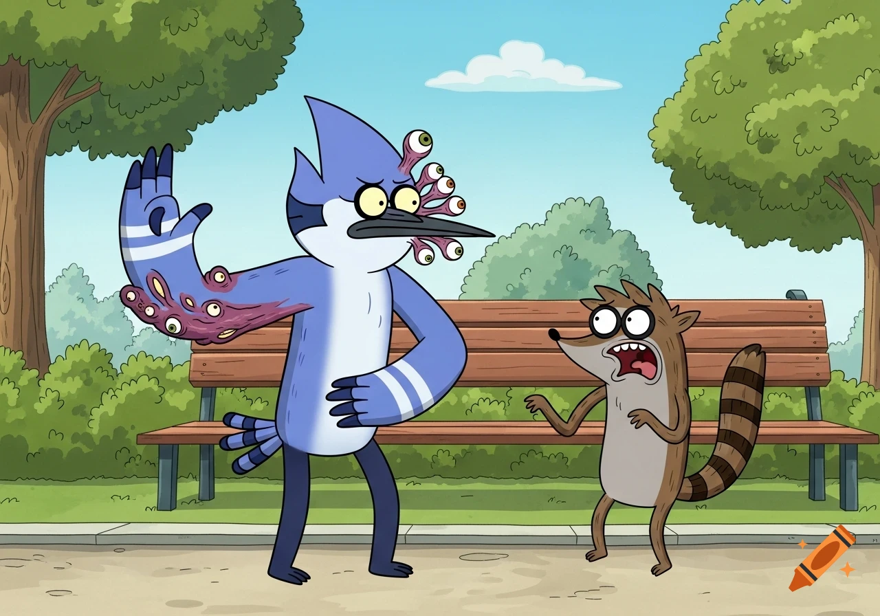 Mordecai from Regular Show, mutated with many eyes and a fleshy, eye-covered arm, scares Rigby in a park setting.