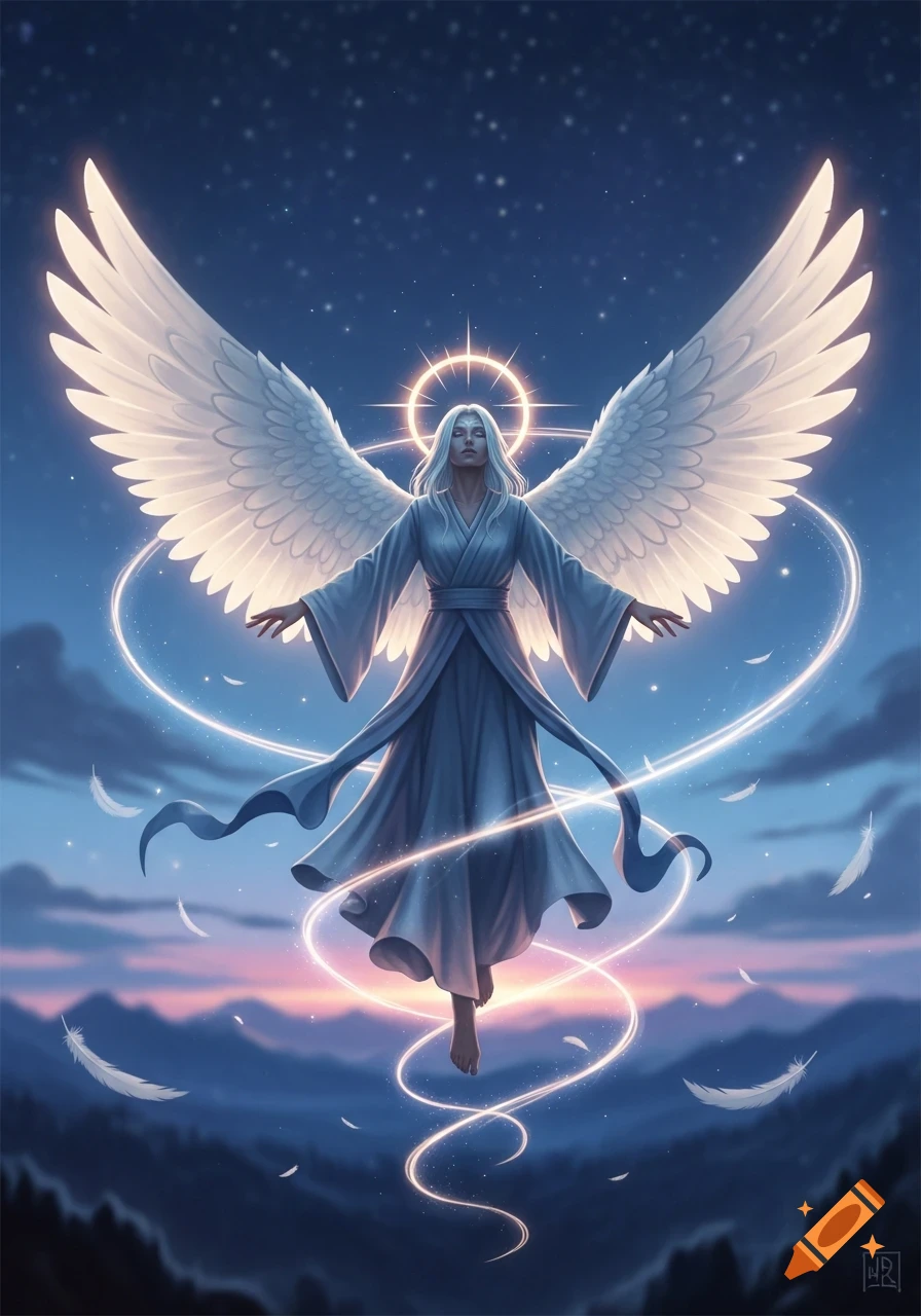 An angelic figure with large white wings and flowing robes floats with a halo and glowing ribbons against a starry dusk sky with falling feathers.