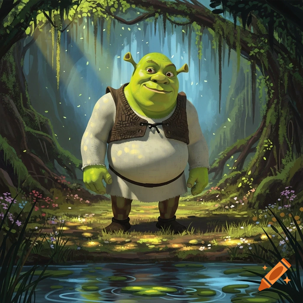 Shrek, a green ogre, stands smiling in a vibrant, sunlit fantasy swamp with lush trees and a pond.