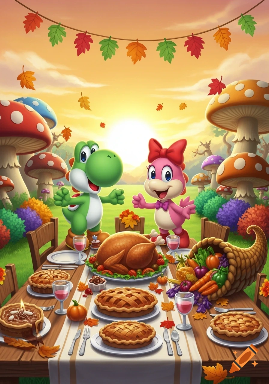 Cartoon Yoshi and Birdo happily stand at a Thanksgiving table laden with turkey and pies in a vibrant mushroom forest at sunset.
