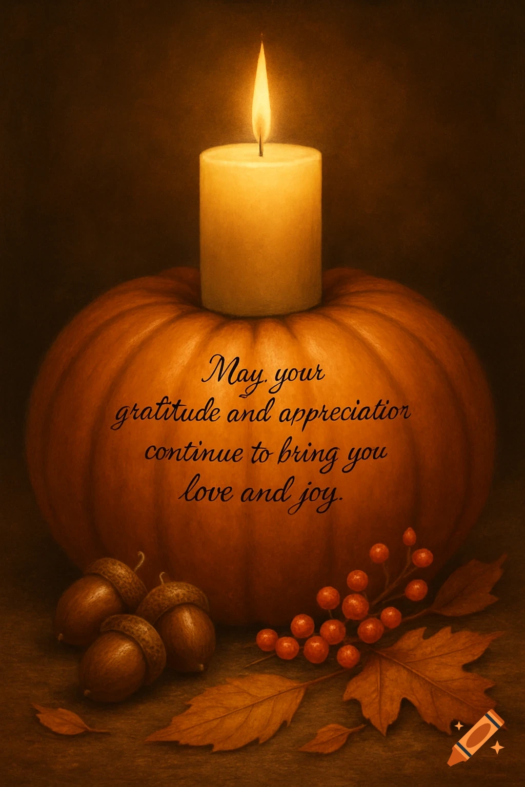 A glowing candle sits on a pumpkin, surrounded by autumn leaves, acorns, and red berries, with a message of gratitude.