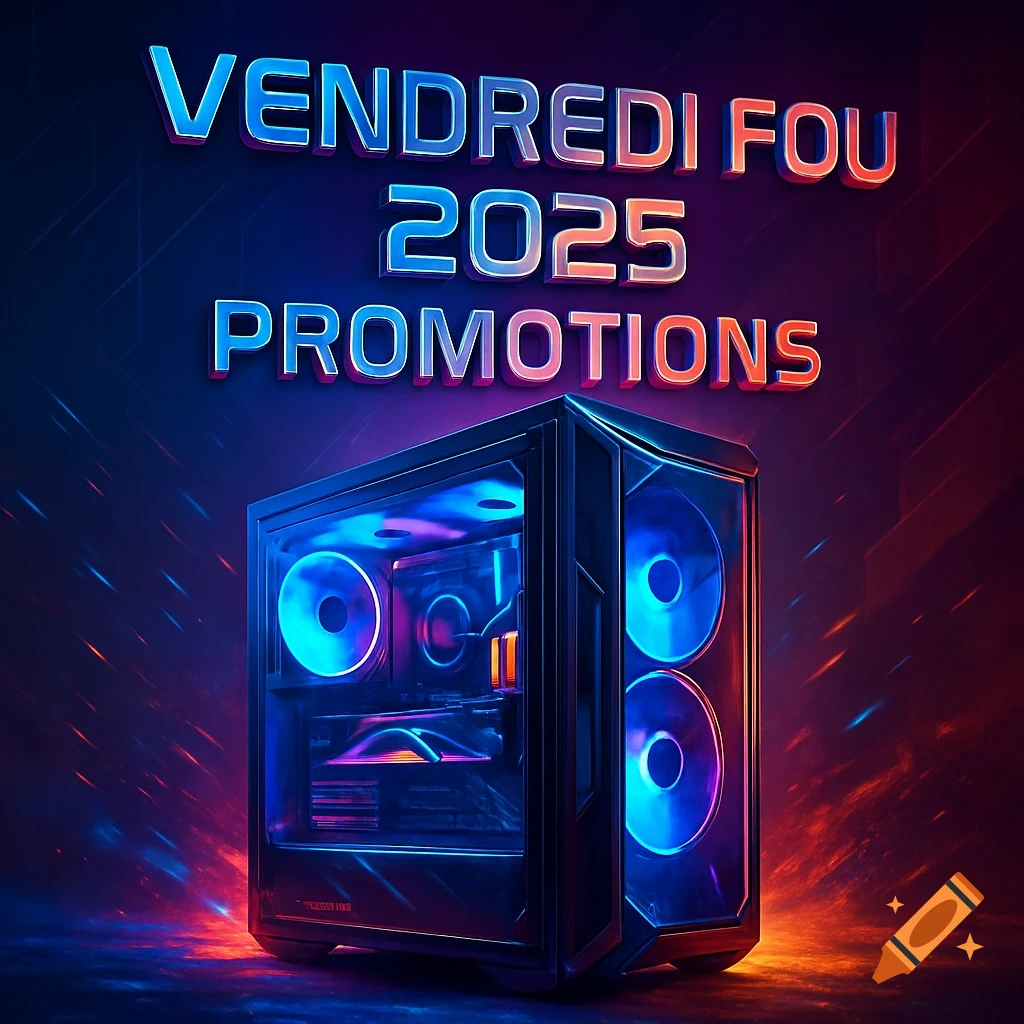 Gaming PC case glowing blue and purple, with 'VENDREDI FOU 2025 PROMOTIONS' text on an energetic dark background.