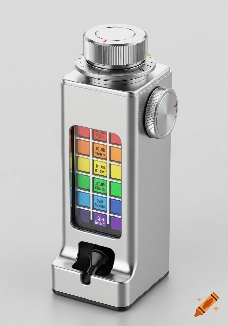 A sleek, silver ink refiller device with a colorful display of liquid options, two dials, and a nozzle at the bottom.