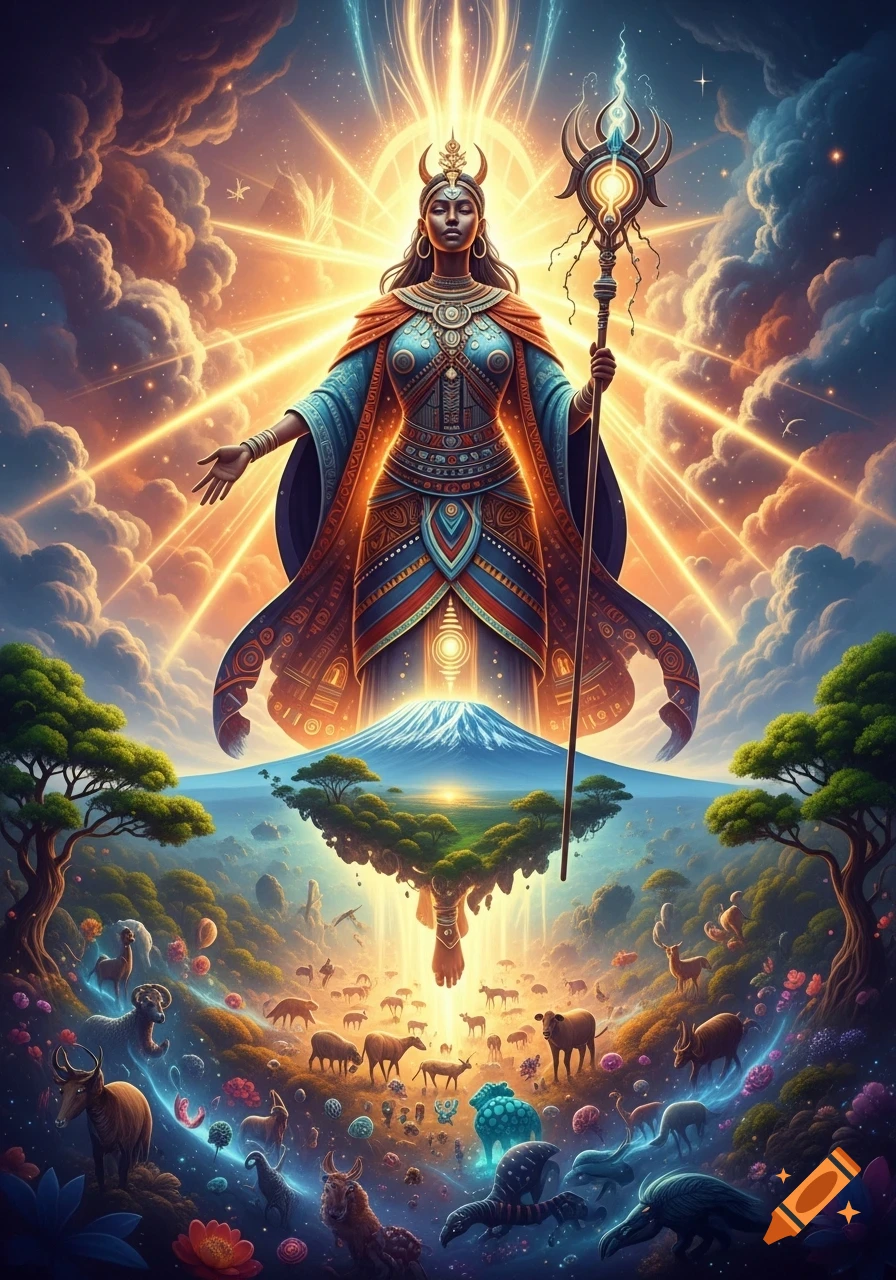 A divine goddess in ornate attire radiates golden light over a vibrant, surreal landscape with animals, floating islands, and a snowy mountain.