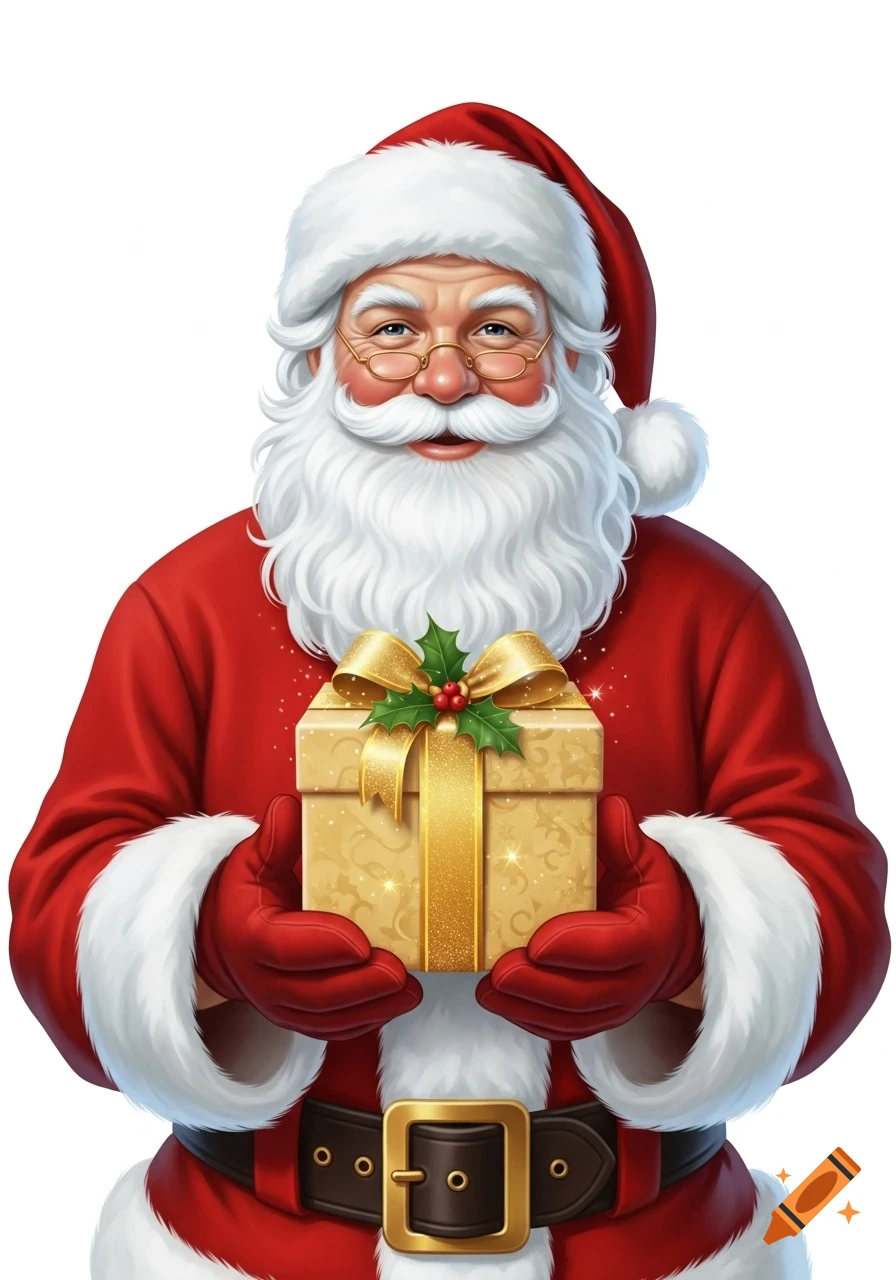 A cheerful Santa Claus with a white beard and red suit holds a golden present, isolated on a white background.