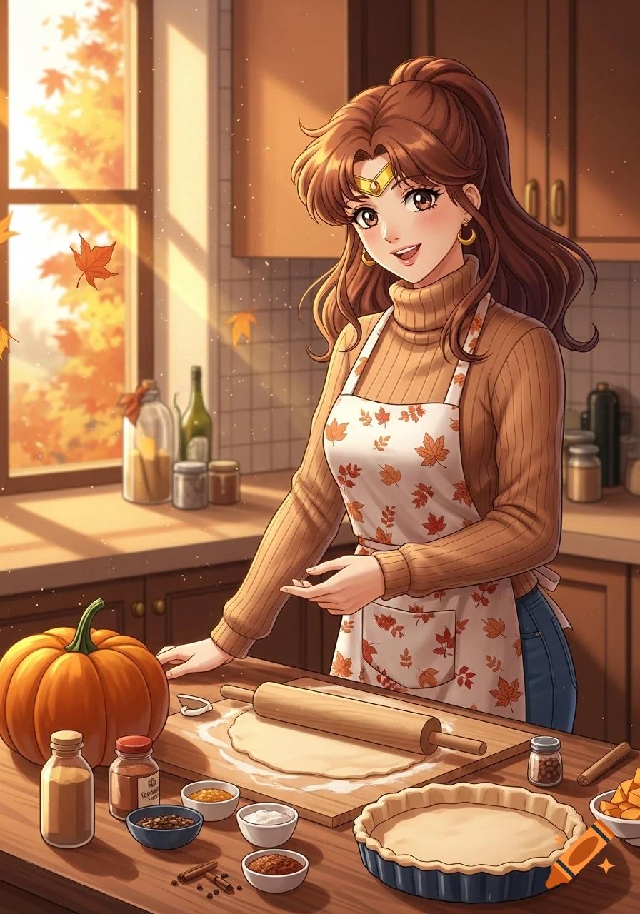 Anime character Makoto Kino in an autumn-themed kitchen, wearing an apron, preparing a pumpkin pie for Thanksgiving.