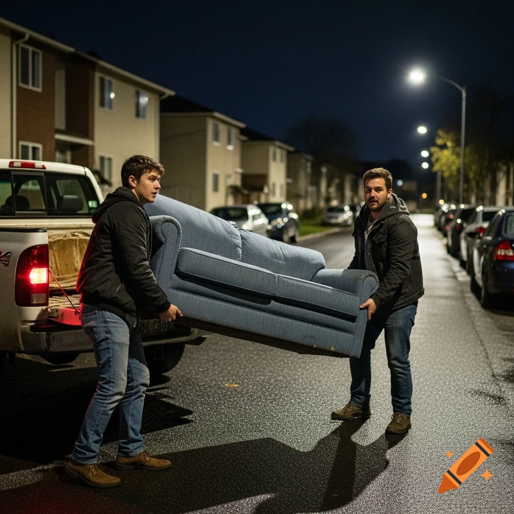 Two men unload a blue couch from the back of a white pickup truck on a wet street at night in a residential area.