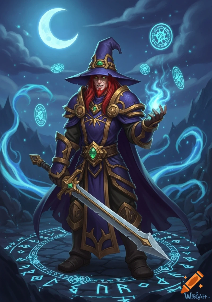 A red-haired male wizard in purple and gold armor, holding a sword and casting blue magic, stands under a crescent moon. Stylized fantasy art.
