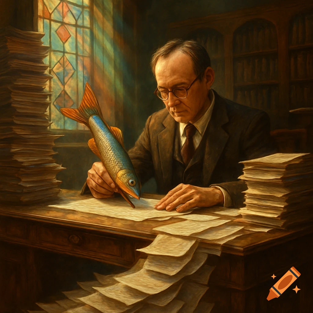 A man in a suit writes at a wooden desk with a fish as his pen, surrounded by stacks of papers and illuminated by a stained-glass window.