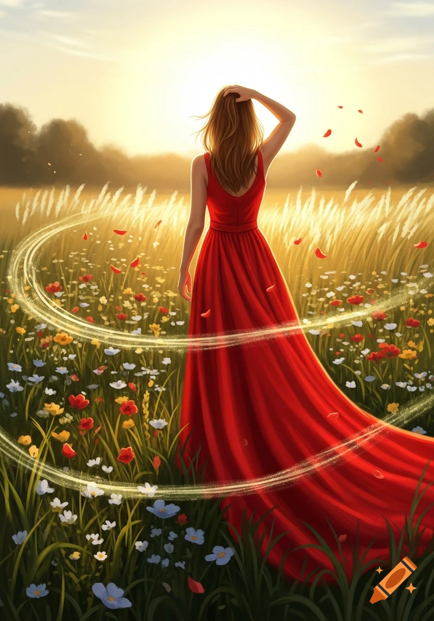 Illustrated woman in a flowing red dress stands in a vibrant flower ...