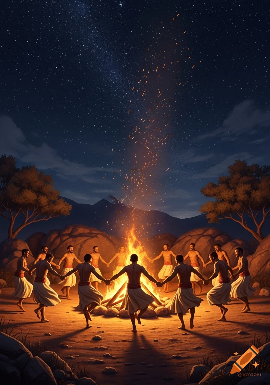 A group of men in wraps dancing in a circle around a large bonfire under a dramatic starry night sky.