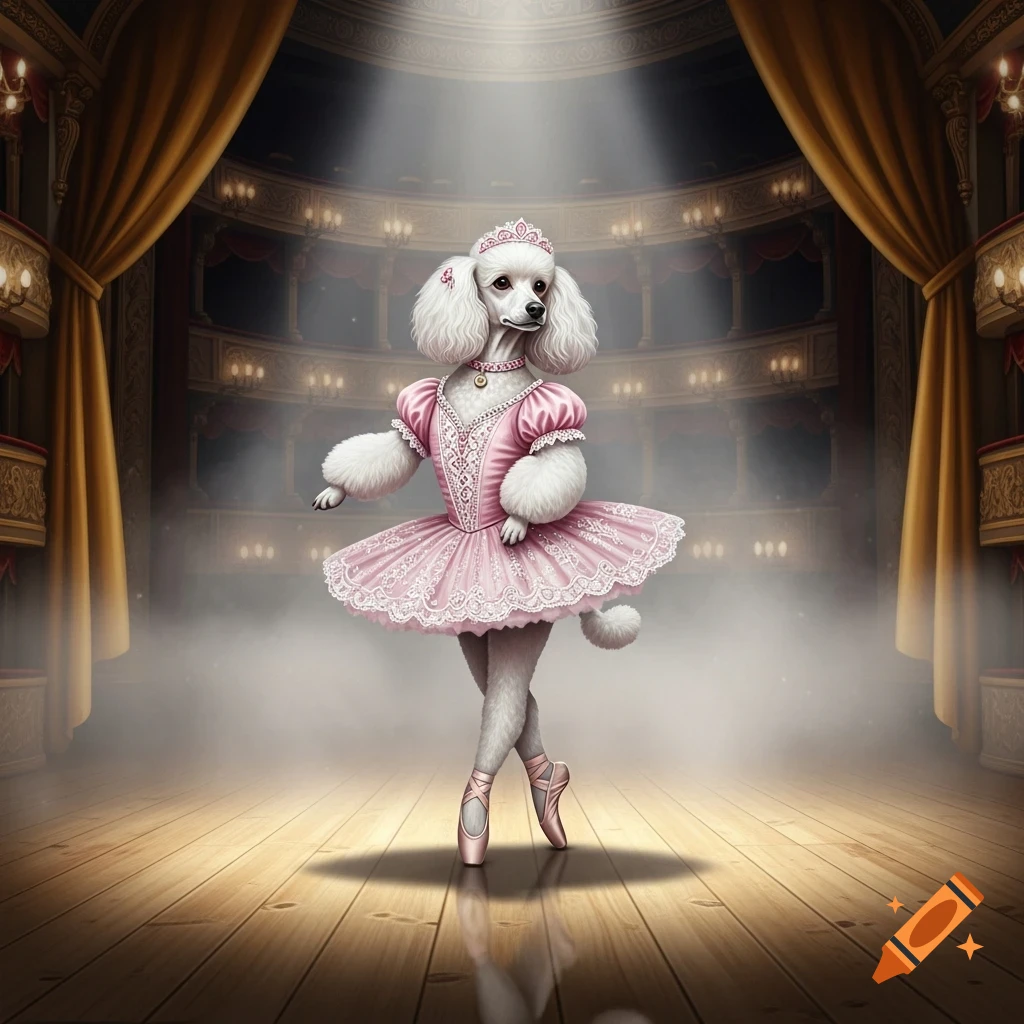 A white French poodle in a pink ballerina tutu and tiara gracefully dances on a spotlighted wooden stage in a grand theatre.