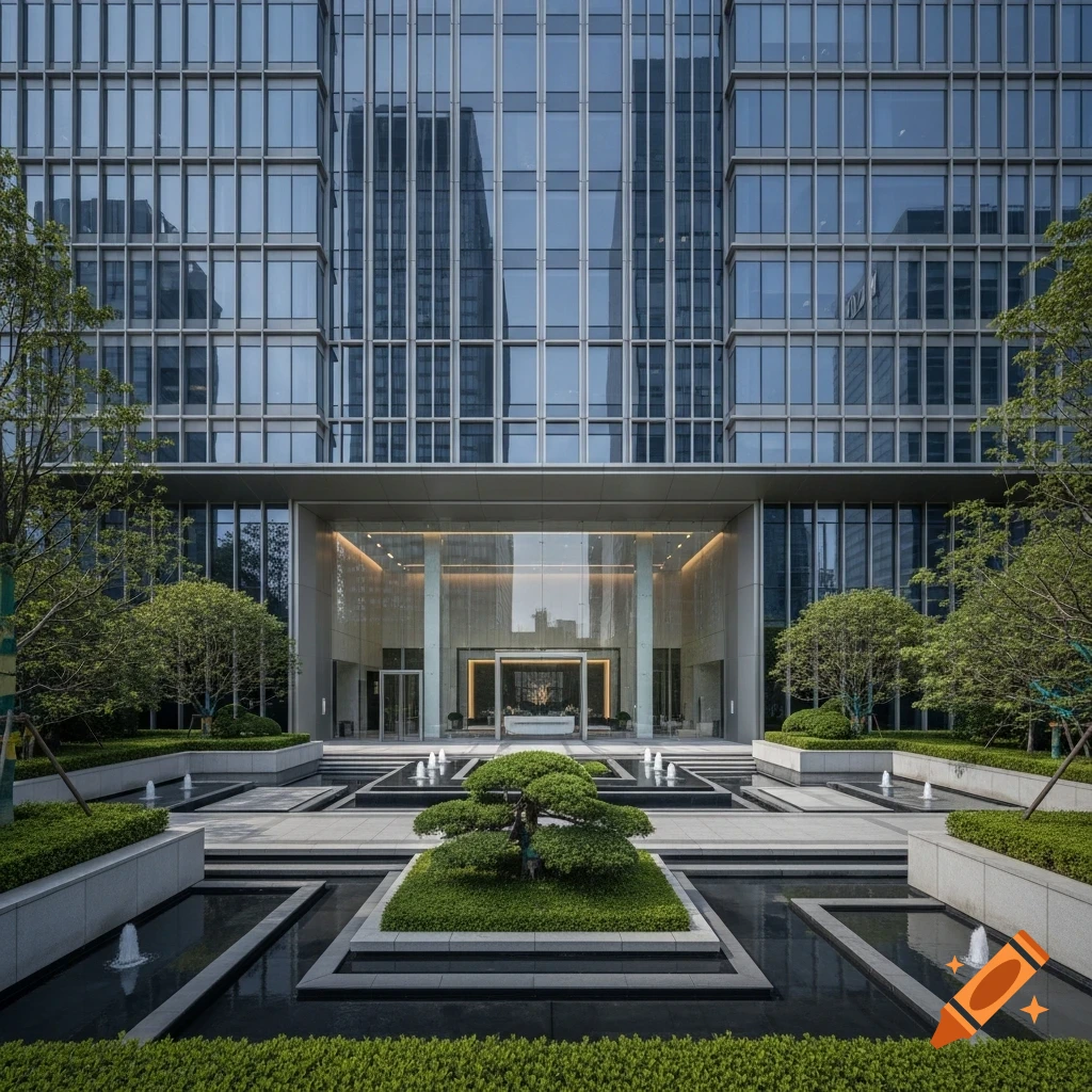 A modern glass building with a large landscaped entrance featuring water features, hedges, and a central bonsai-like tree.
