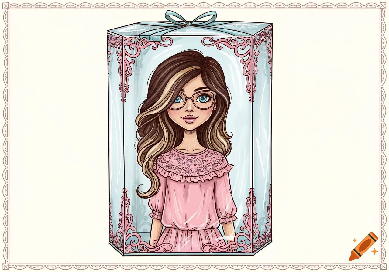 Cartoon girl with brown and blonde hair, glasses, and a pink shirt, in a decorative doll box.