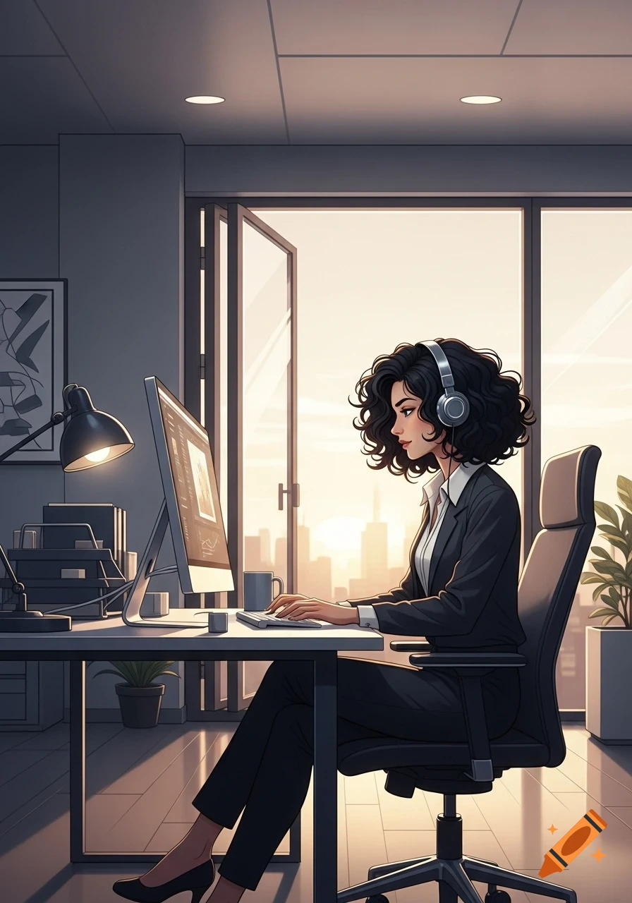 An illustrated woman with curly hair wears headphones while working at a computer in a modern office with a city view at sunset.