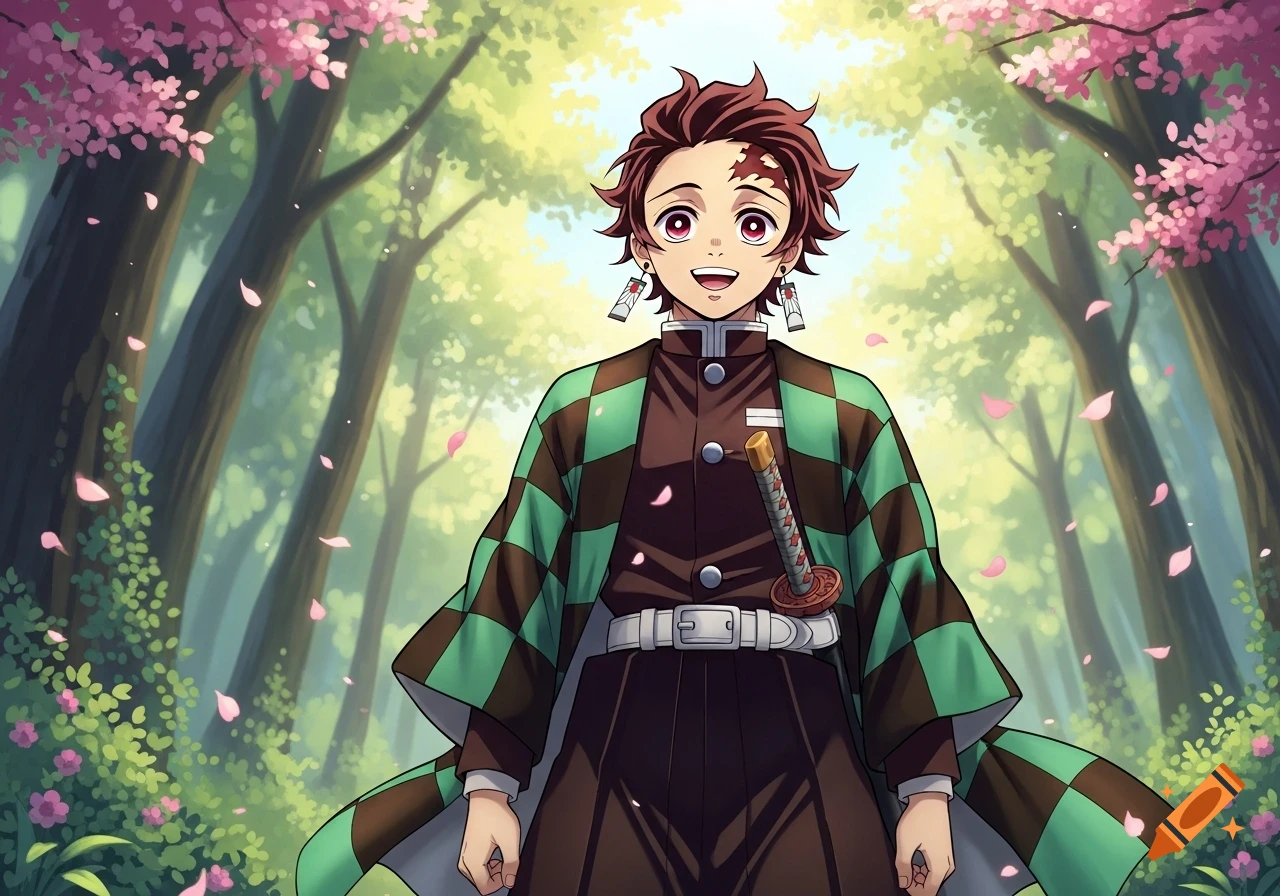 Tanjiro Kamado, an anime character, smiles while standing in a cherry blossom forest.