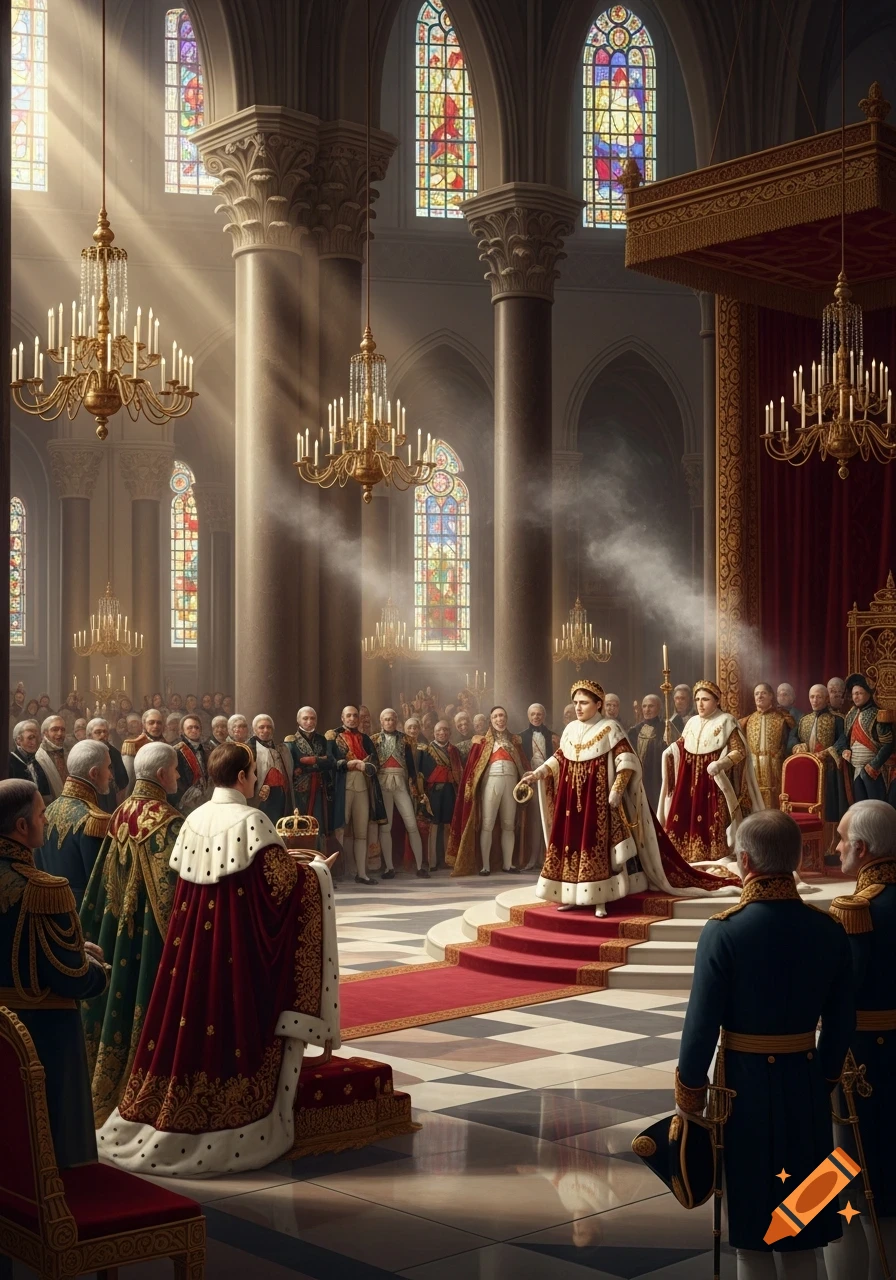 A grand coronation ceremony taking place in a richly decorated cathedral with stained glass windows, chandeliers, and many onlookers.