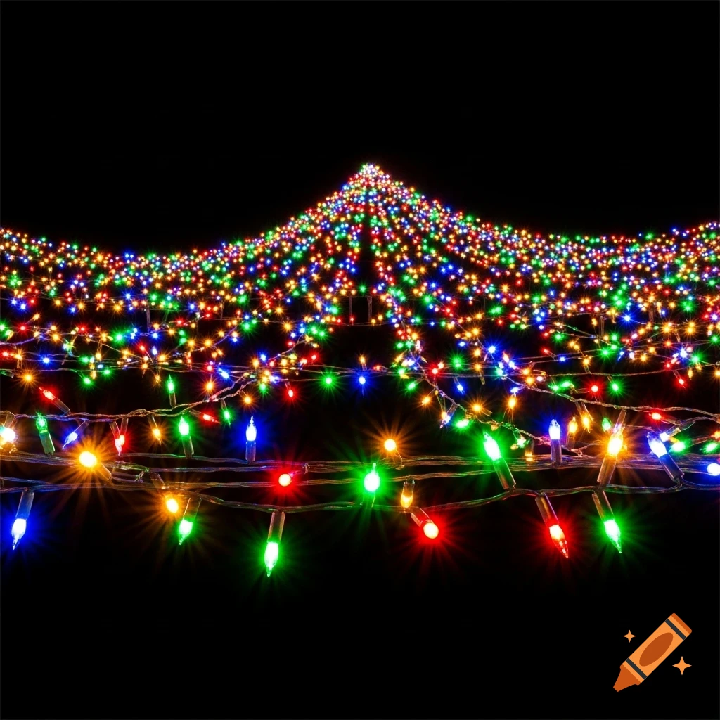A vibrant display of multicolored Christmas lights in strings, curving against a dark background.