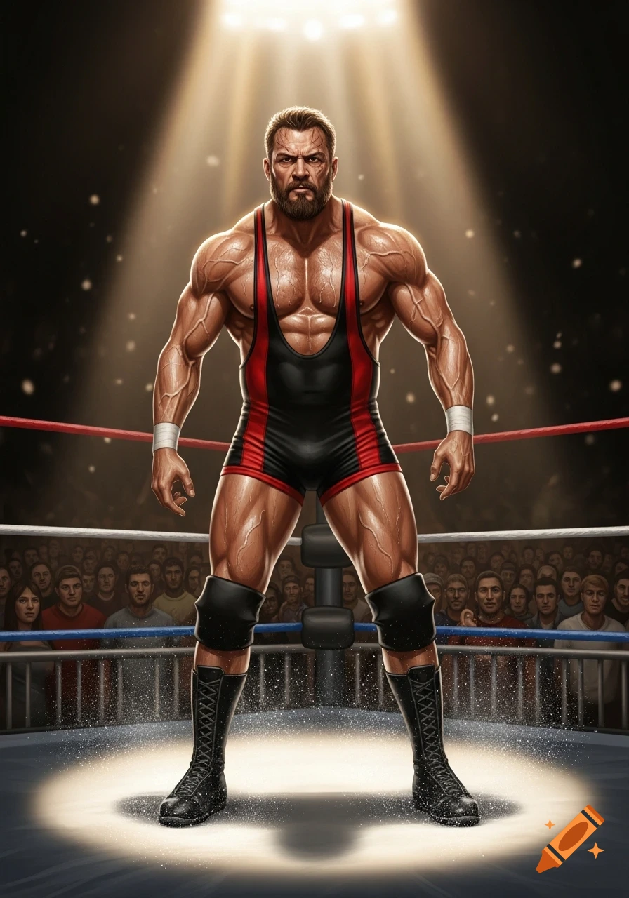 A muscular male wrestler with a beard stands powerfully in a spotlight in a wrestling ring, wearing a black and red singlet, with a blurred crowd in the background.