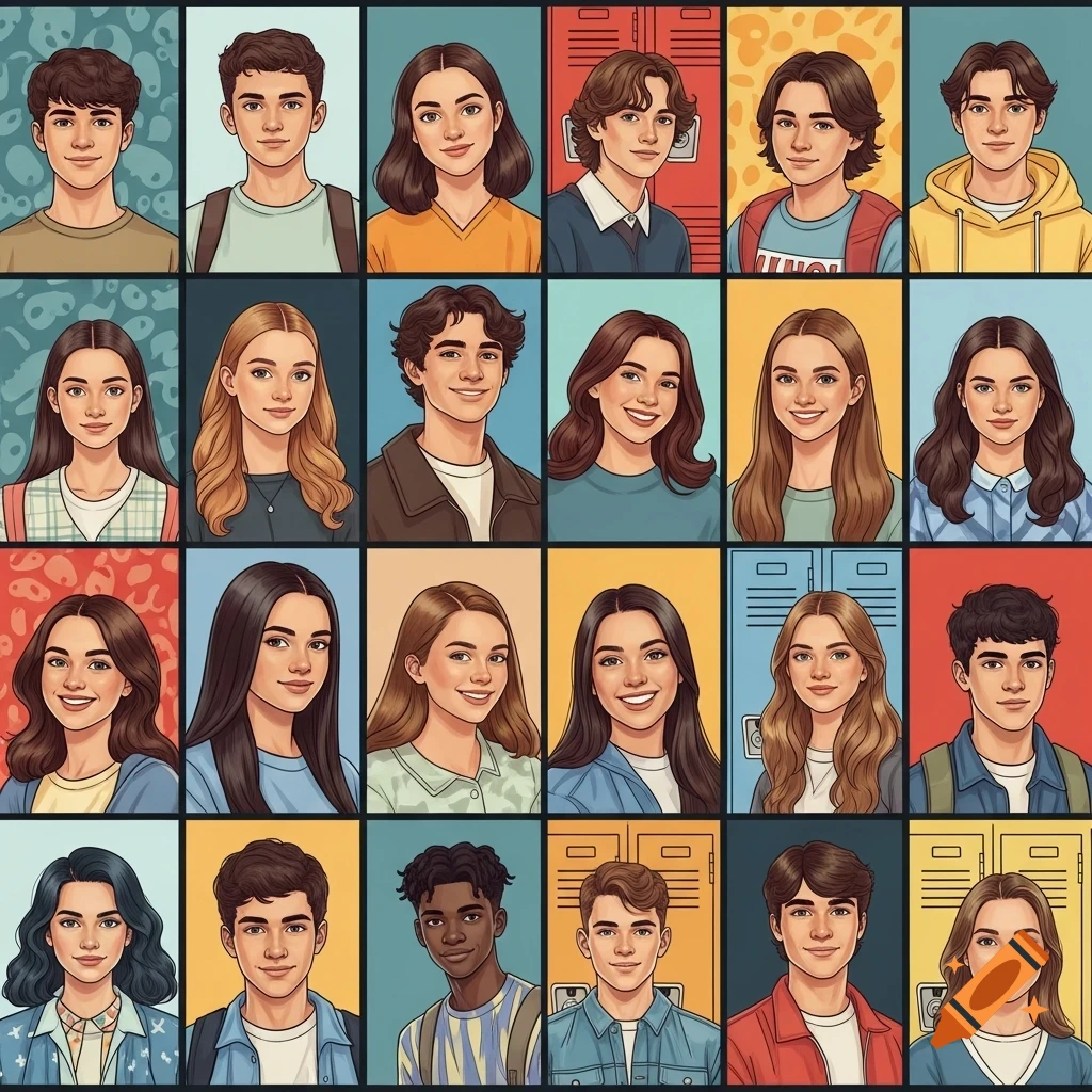 A grid of 25 cartoon-style portraits of diverse teenagers with varying hairstyles and expressions, resembling yearbook photos.