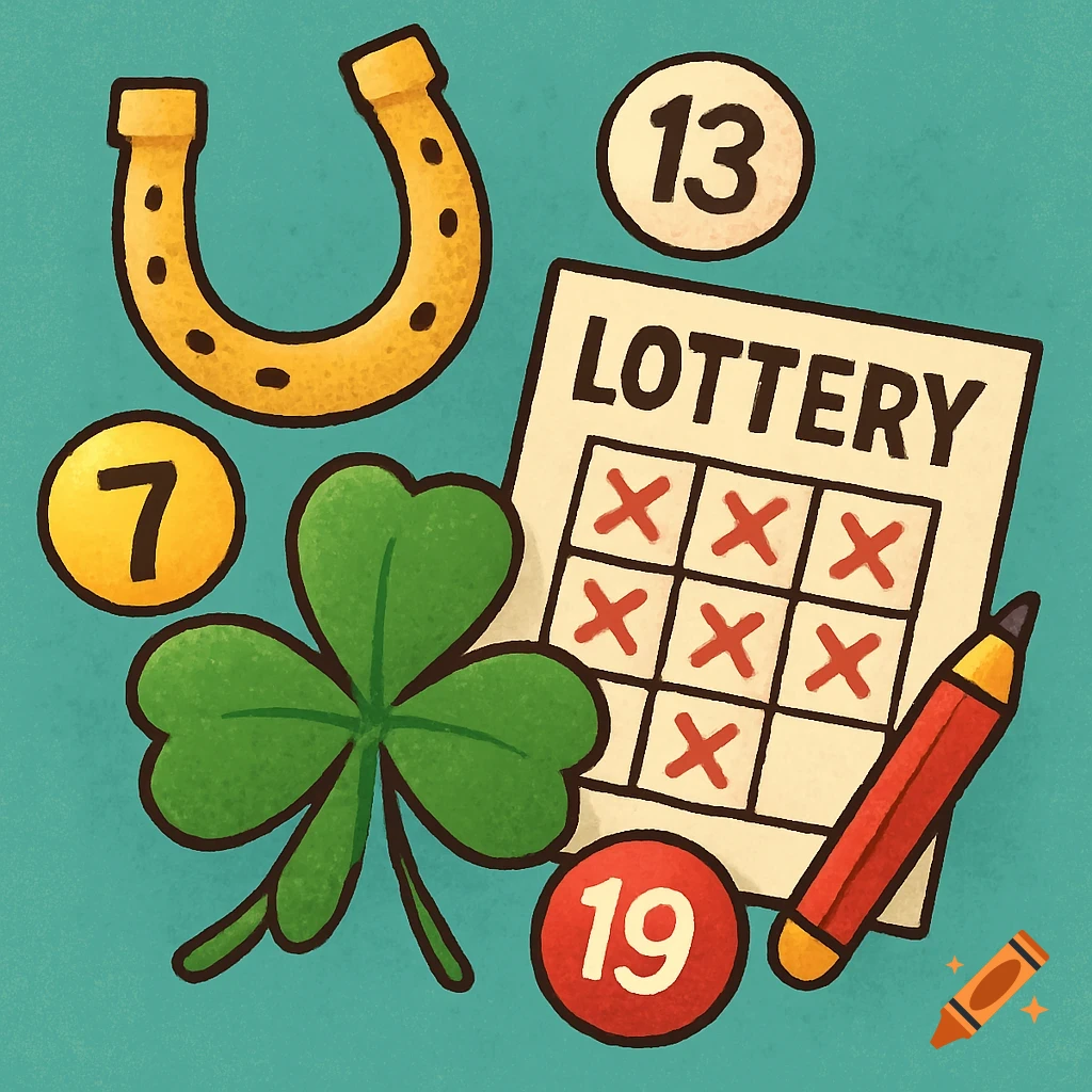 An illustration featuring a golden horseshoe, a green three-leaf clover, a marked lottery ticket, a red pencil, and lottery balls with numbers 7, 13, and 19 on a blue-green background.