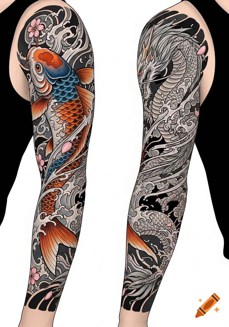 Two arms with full-sleeve Japanese tattoos: a vibrant koi fish on one, and a majestic grey dragon on the other, both amidst waves and cherry blossoms.