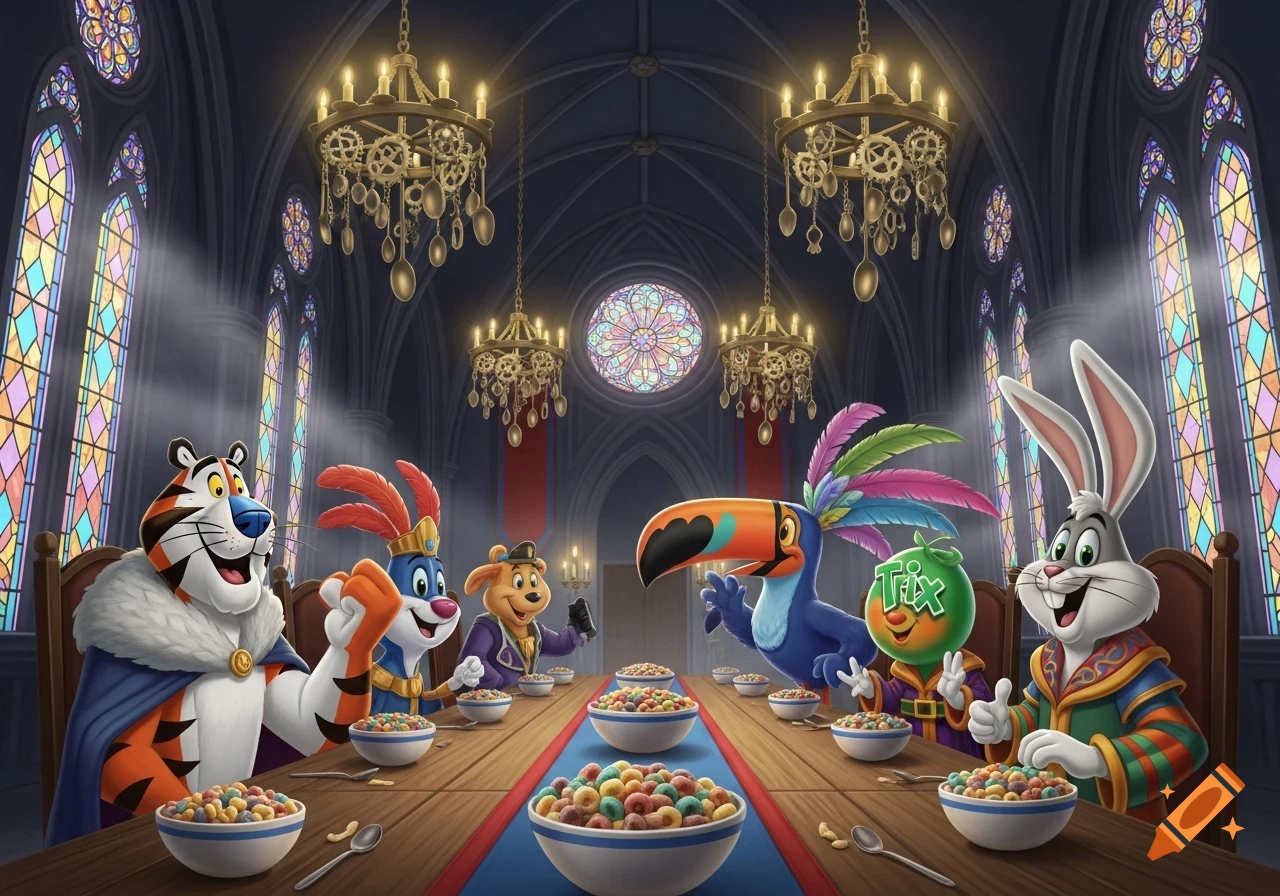 Vibrant cartoon illustration of various cereal mascots, including Tony the Tiger and Toucan Sam, dining at a long table in a grand gothic hall.
