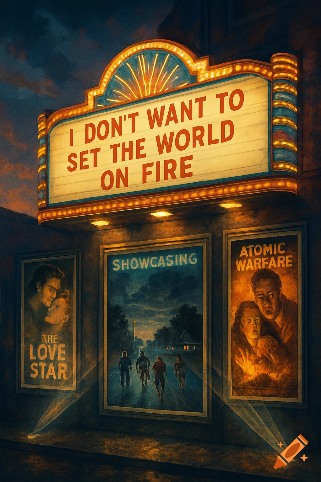 Vintage movie theater marquee illuminated at dusk with the text 'I Don't Want to Set the World on Fire' above movie posters.