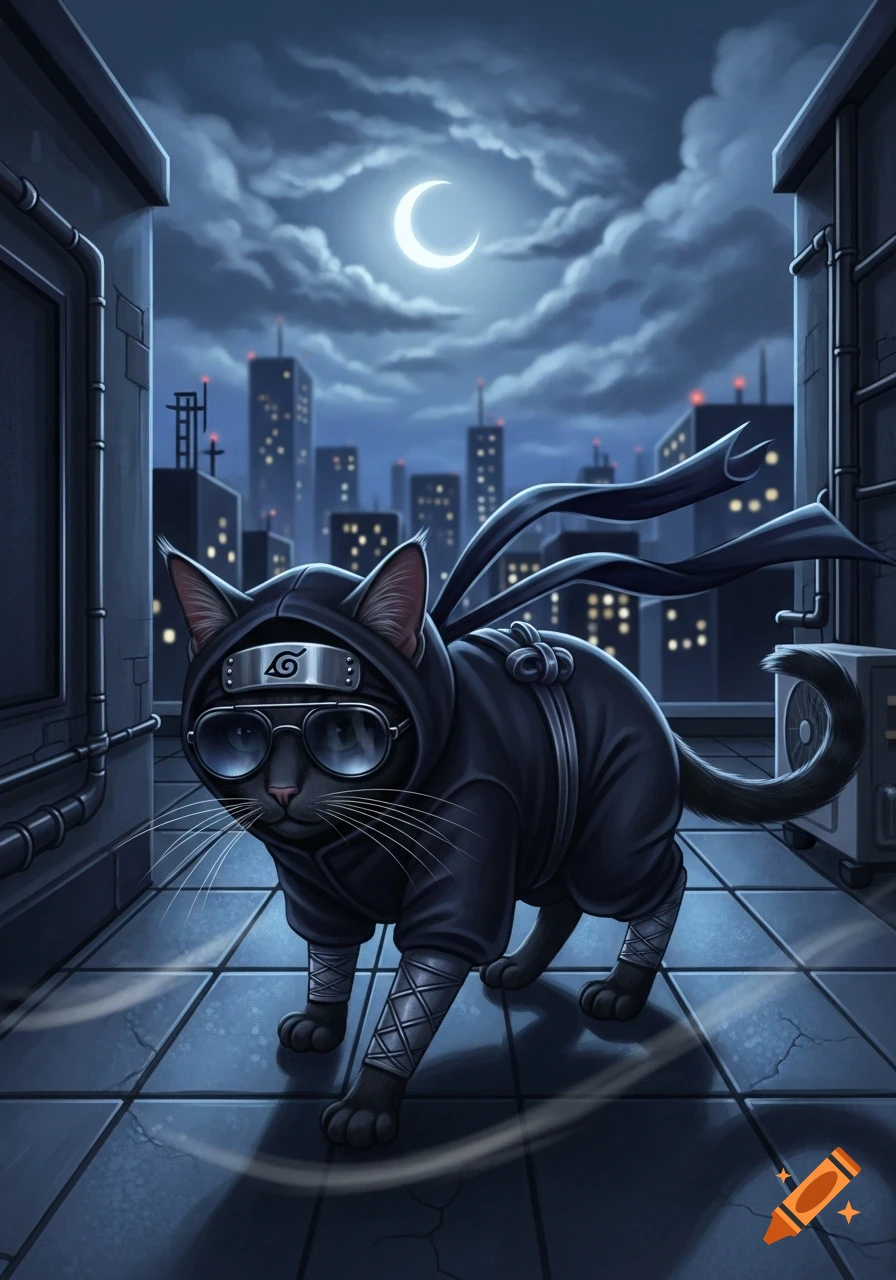 A stylized black cat in a ninja suit and dark sunglasses walks across a city rooftop at night under a crescent moon.