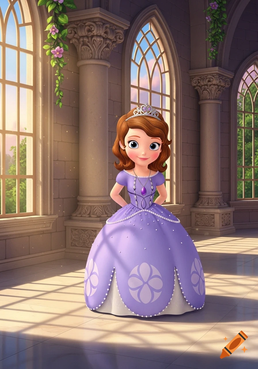 Animated Sofia the First princess, blushing and smiling, standing in a sunlit castle hall.