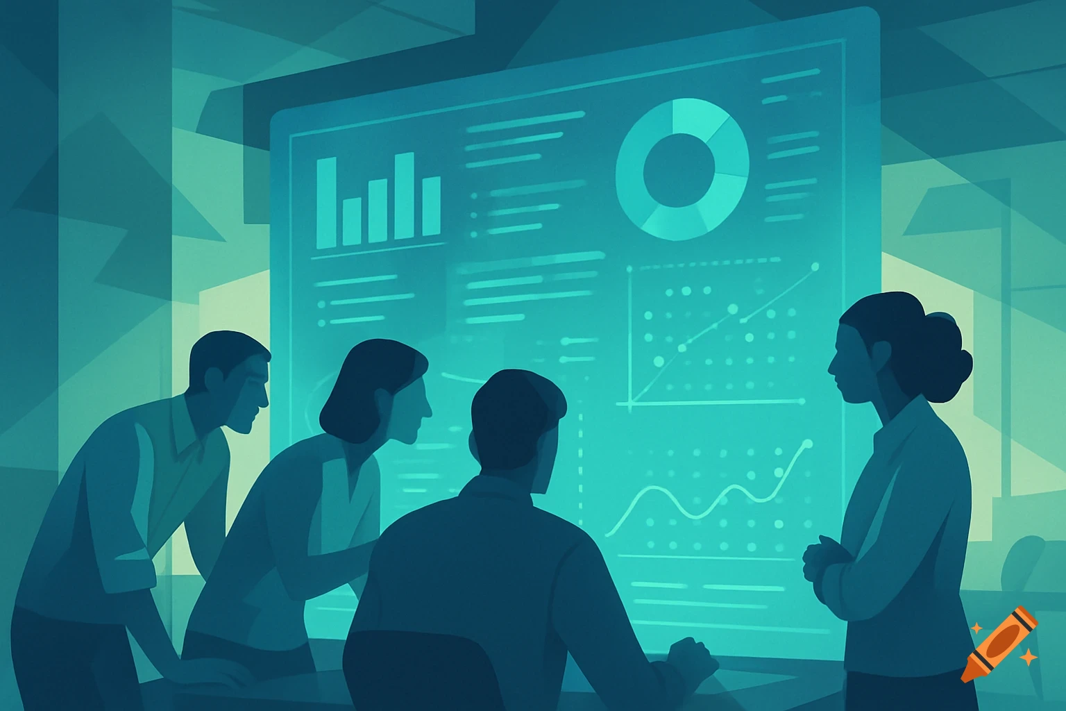 Digital drawing of four people in a meeting room, looking at a large screen displaying various data charts and graphs.