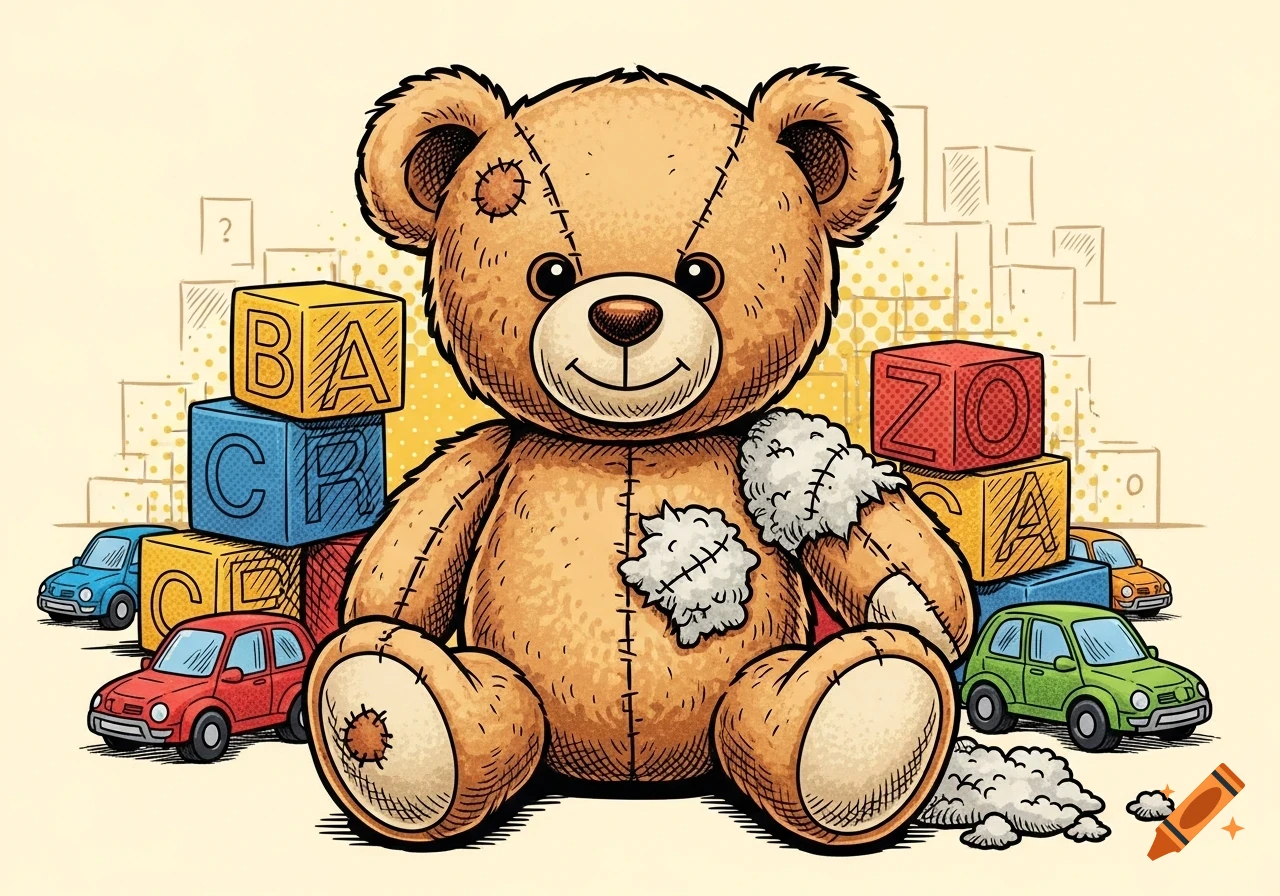 Comic illustration of a brown teddy bear with stuffing showing, surrounded by colorful alphabet blocks and toy cars.