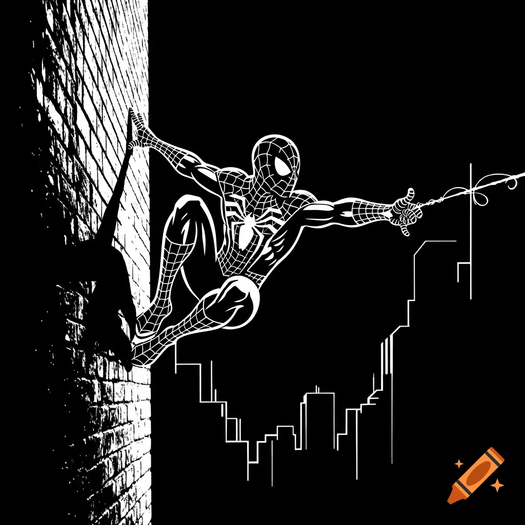 A white on black stencil silhouette shows Spider-Man clinging to a brick wall, shooting a web against a city skyline.